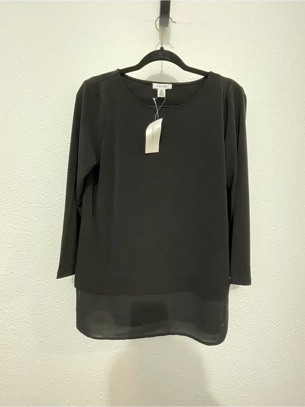 Calvin Klein Black Tiered Sheet Tunic Top Size Small 3/4 Sleeve Style M9EH7068